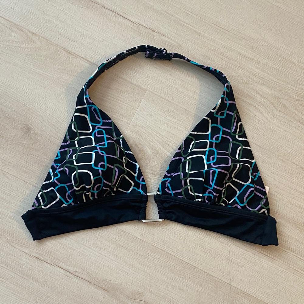 Black Geometric Halter Bikini Top with Multicolor Accents - Women's Swim